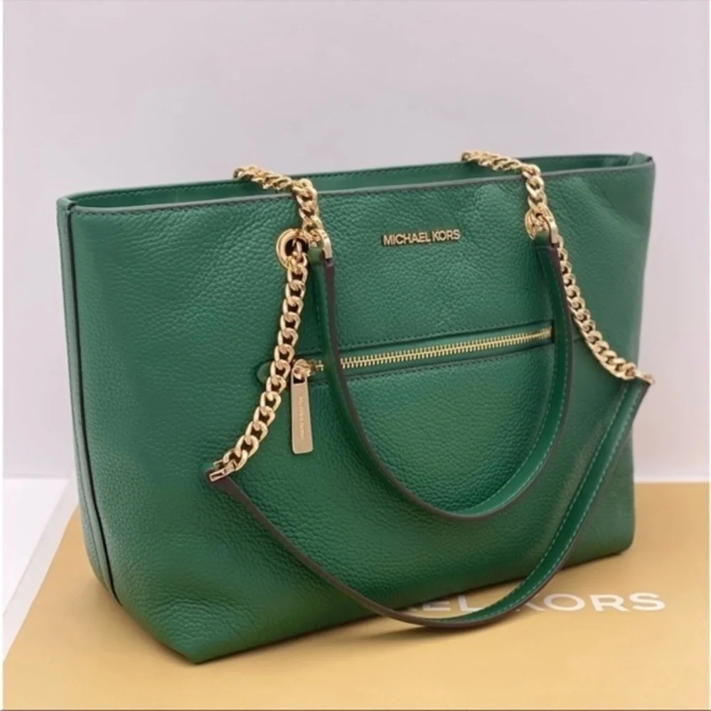Michael Kors Medium Front Zip Chain Tote Bag Leather JEWEL GREEN